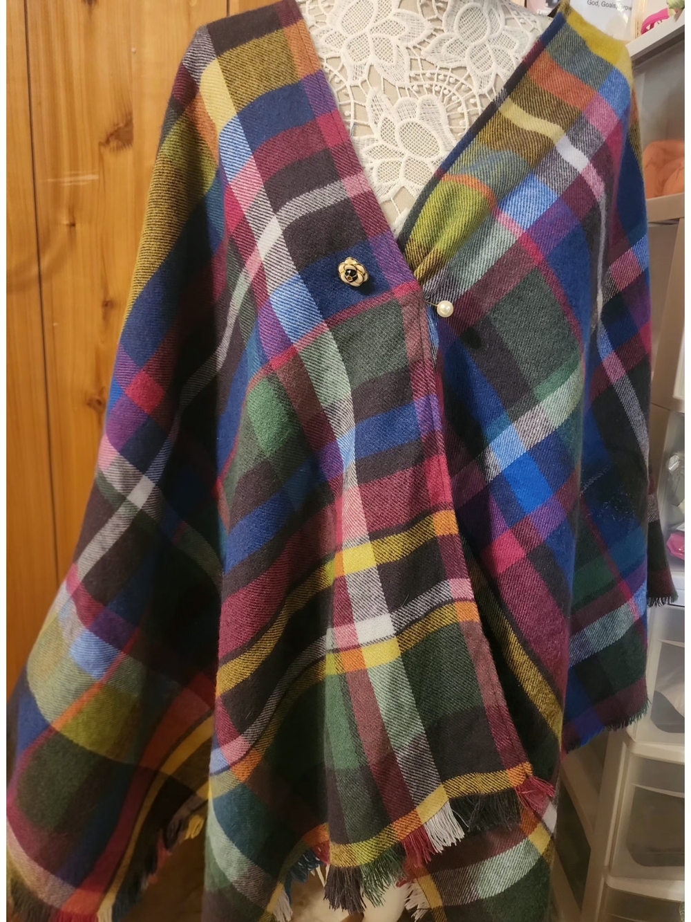 Soft Surroundings Multicolor Tartan Plaid Brushed Fringe Wrap Poncho